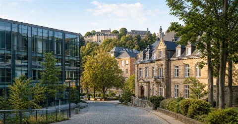Modern university town campus scene representing the University of Marburg