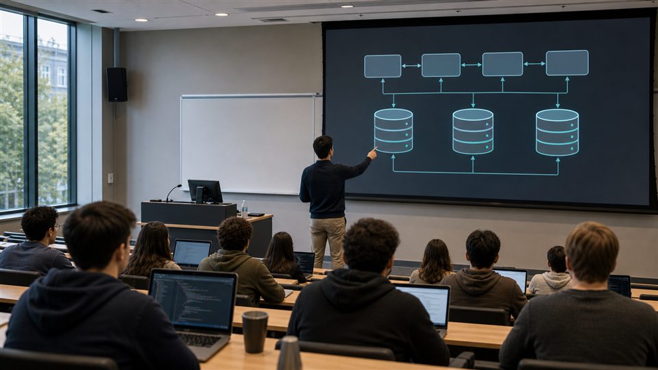 University lecture room with a lecturer facing a database architecture diagram